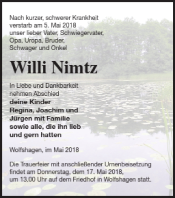 Traueranzeige von Willi Nimtz von Prenzlauer Zeitung