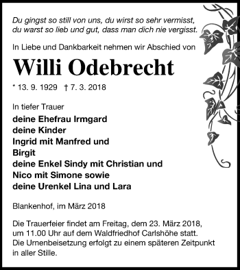 Traueranzeige von Willi Odebrecht von Neubrandenburger Zeitung