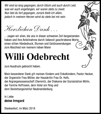 Traueranzeige von Willi Odebrecht von Neubrandenburger Zeitung