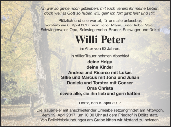 Traueranzeige von Willi Peter von Mecklenburger Schweiz