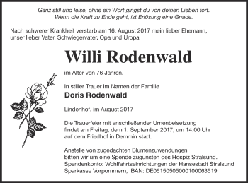 Traueranzeige von Willi Rodenwald von Demminer Zeitung