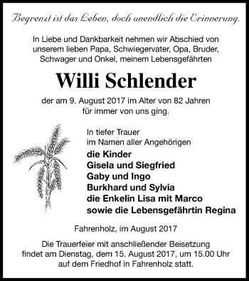 Traueranzeige von Willi Schlender von Pasewalker Zeitung