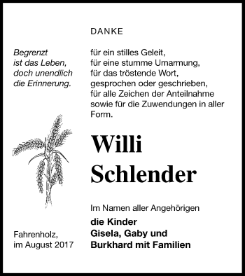 Traueranzeige von Willi Schlender von Prenzlauer Zeitung