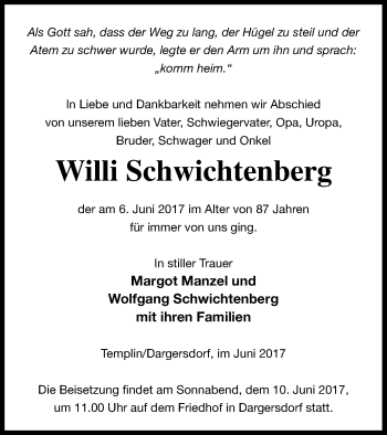 Traueranzeige von Willi Schwichtenberg von Templiner Zeitung