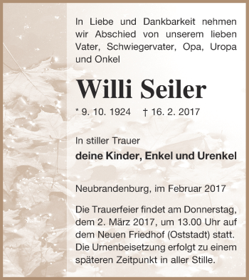 Traueranzeige von Willi Seiler von Neubrandenburger Zeitung