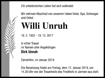 Traueranzeige von Willi Unruh von Vorpommern Kurier