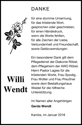 Traueranzeige von Willi Wendt von Müritz-Zeitung