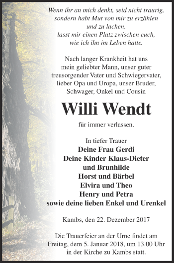 Traueranzeige von Willi Wendt von Müritz-Zeitung