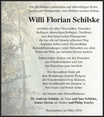 Traueranzeige von Willi Florian Schilske von Müritz-Zeitung