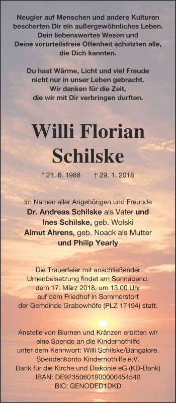 Traueranzeige von Willi Florian Schilske von Müritz-Zeitung