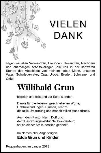 Traueranzeige von Willibald Grun von Neubrandenburger Zeitung