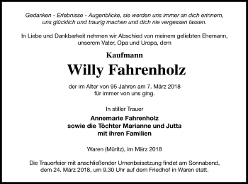 Traueranzeige von Willy Fahrenholz von Müritz-Zeitung