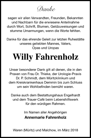 Traueranzeige von Willy Fahrenholz von Müritz-Zeitung