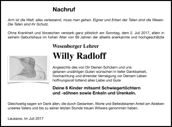 Traueranzeige von Willy Radloff von Strelitzer Zeitung