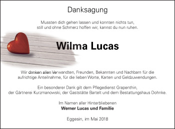 Traueranzeige von Wilma Lucas von Haff-Zeitung