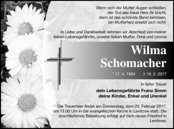 Traueranzeige von Wilma Schomacher von Mecklenburger Schweiz