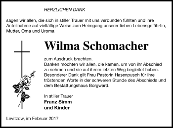 Traueranzeige von Wilma Schomacher von Mecklenburger Schweiz