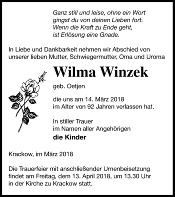 Traueranzeige von Wilma Winzek von Pasewalker Zeitung