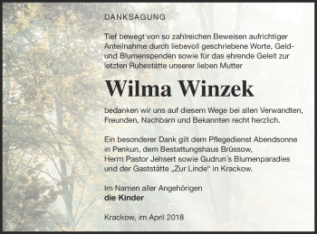 Traueranzeige von Wilma Winzek von Pasewalker Zeitung