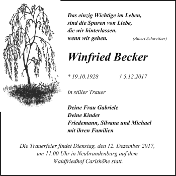 Traueranzeige von Winfried Becker von Neubrandenburger Zeitung