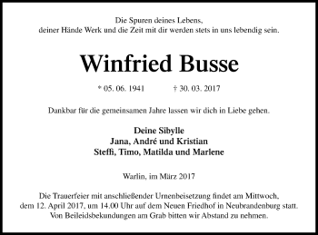 Traueranzeige von Winfried Busse von Neubrandenburger Zeitung