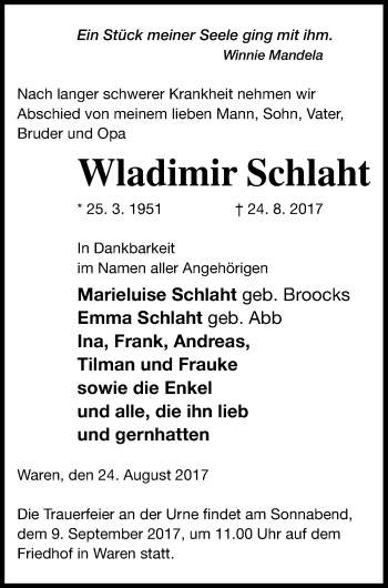 Traueranzeige von Wladimir Schlaht von Müritz-Zeitung