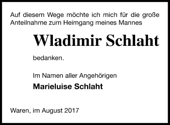 Traueranzeige von Wladimir Schlaht von Müritz-Zeitung