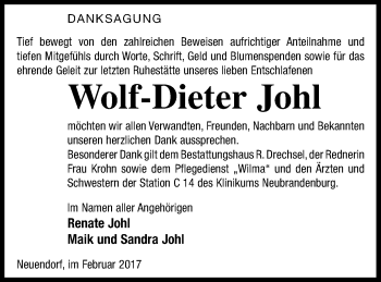 Traueranzeige von Wolf-Dieter Johl von Neubrandenburger Zeitung