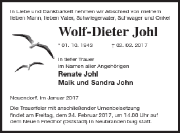 Traueranzeige von Wolf-Dieter Johl von Neubrandenburger Zeitung