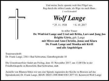 Traueranzeige von Wolf Lange von Neubrandenburger Zeitung