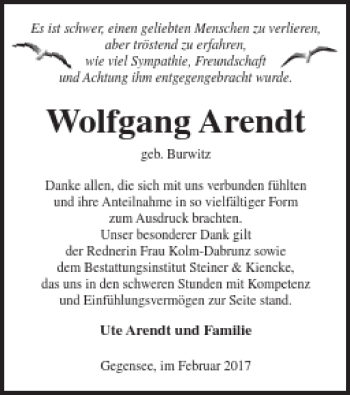 Traueranzeige von Wolfgang Arendt von Haff-Zeitung