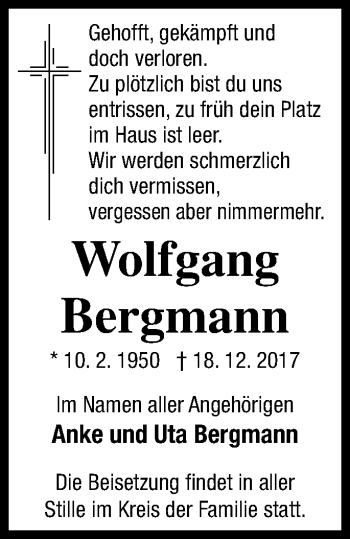 Traueranzeige von Wolfgang Bergmann von Haff-Zeitung