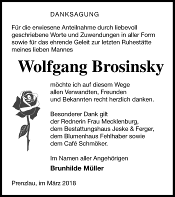 Traueranzeige von Wolfgang Brosinsky von Prenzlauer Zeitung