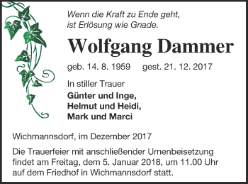 Traueranzeige von Wolfgang Dammer von Templiner Zeitung