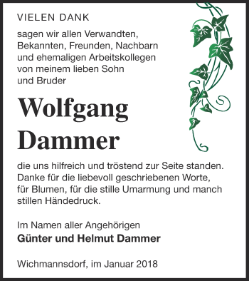 Traueranzeige von Wolfgang Dammer von Templiner Zeitung