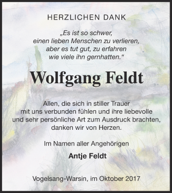 Traueranzeige von Wolfgang Feldt von Haff-Zeitung