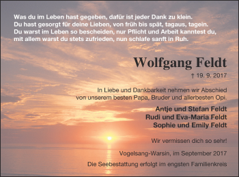 Traueranzeige von Wolfgang Feldt von Haff-Zeitung