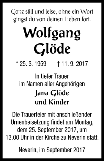 Traueranzeige von Wolfgang Glöde von Neubrandenburger Zeitung