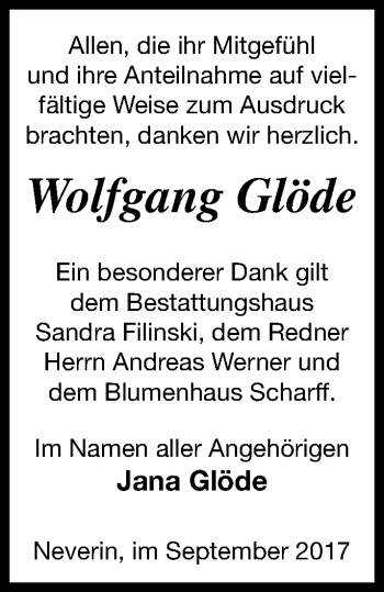 Traueranzeige von Wolfgang Glöde von Neubrandenburger Zeitung