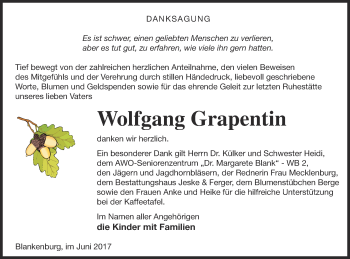 Traueranzeige von Wolfgang Grapentin von Prenzlauer Zeitung