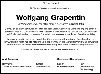 Traueranzeige von Wolfgang Grapentin von Uckermark Kombination