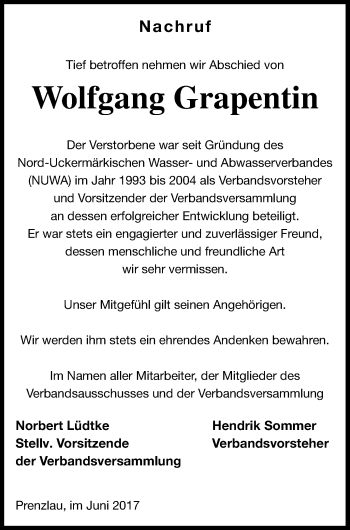 Traueranzeige von Wolfgang Grapentin von Prenzlauer Zeitung