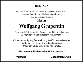 Traueranzeige von Wolfgang Grapentin von Prenzlauer Zeitung