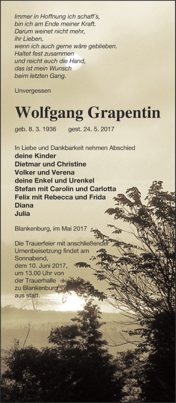 Traueranzeige von Wolfgang Grapentin von Prenzlauer Zeitung