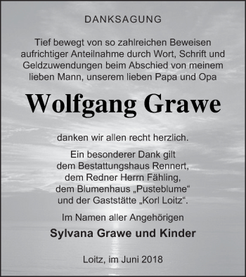 Traueranzeige von Wolfgang Grawe von Demminer Zeitung