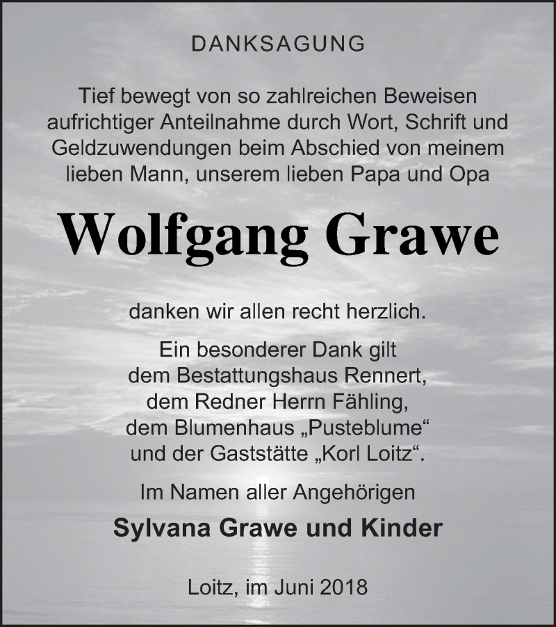  Traueranzeige für Wolfgang Grawe vom 22.06.2018 aus Demminer Zeitung