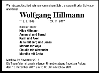 Traueranzeige von Wolfgang Hillmann von Strelitzer Zeitung