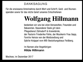 Traueranzeige von Wolfgang Hillmann von Strelitzer Zeitung