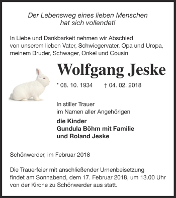 Traueranzeige von Wolfgang Jeske von Prenzlauer Zeitung