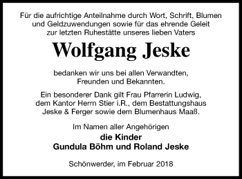 Traueranzeige von Wolfgang Jeske von Prenzlauer Zeitung